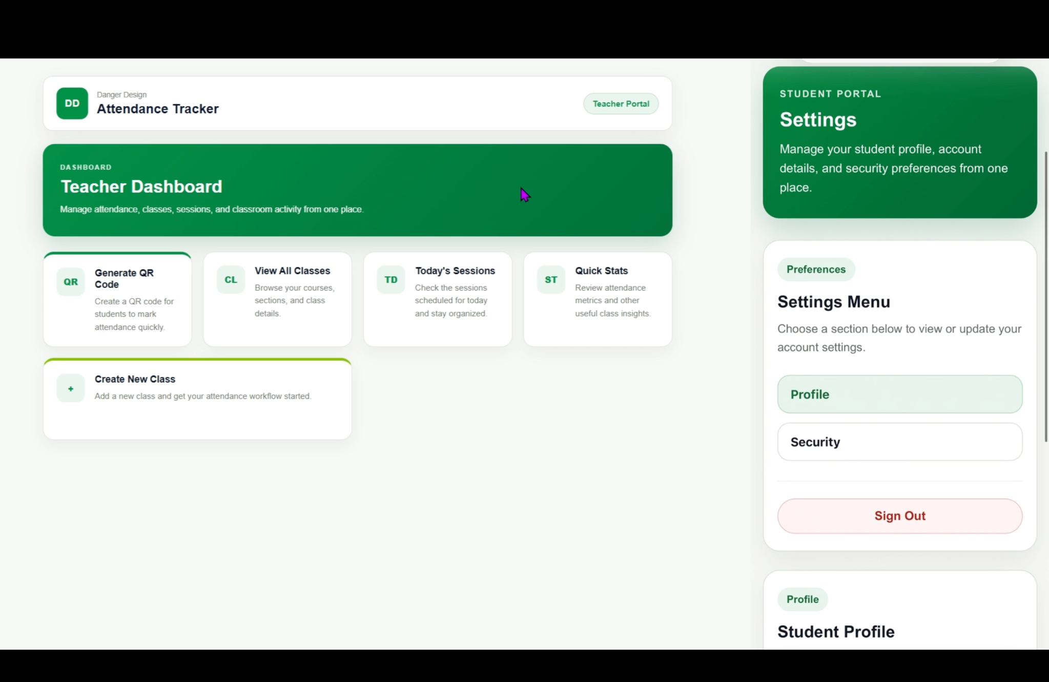 Teacher dashboard and student settings interface